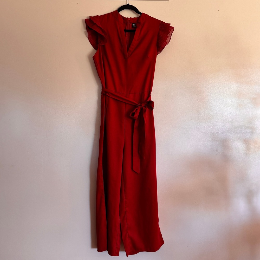 SHEIN Womens Burnt Orange Flutter Sleeve Wide Leg Jumpsuit Belted Large